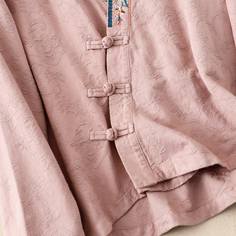 Buddha Stones刺繍の花と草のカエルボタンの長袖コットンレディースシャツ - image 11