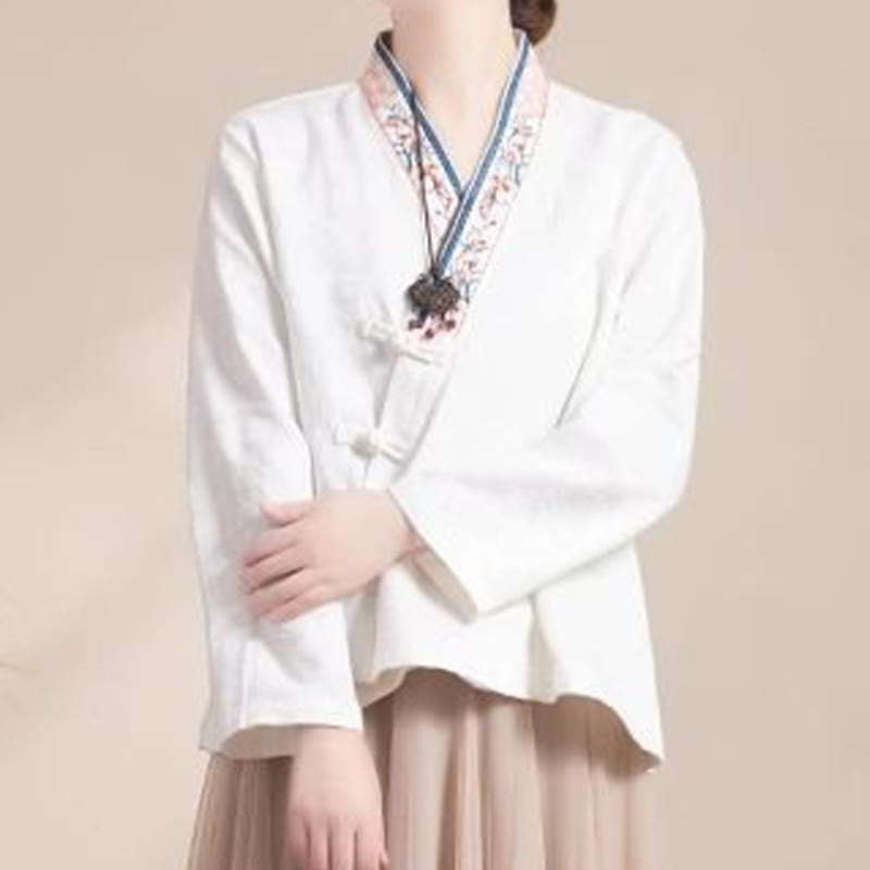 Buddha Stones刺繍の花と草のカエルボタンの長袖コットンレディースシャツ - 白 - US12、 UK/AU16、 EU44 (3XL) - image 13