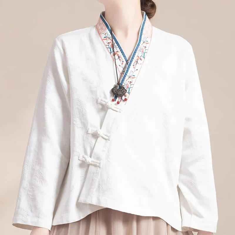 Buddha Stones刺繍の花と草のカエルボタンの長袖コットンレディースシャツ - image 16