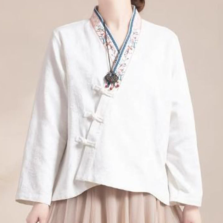 Buddha Stones刺繍の花と草のカエルボタンの長袖コットンレディースシャツ - image 15