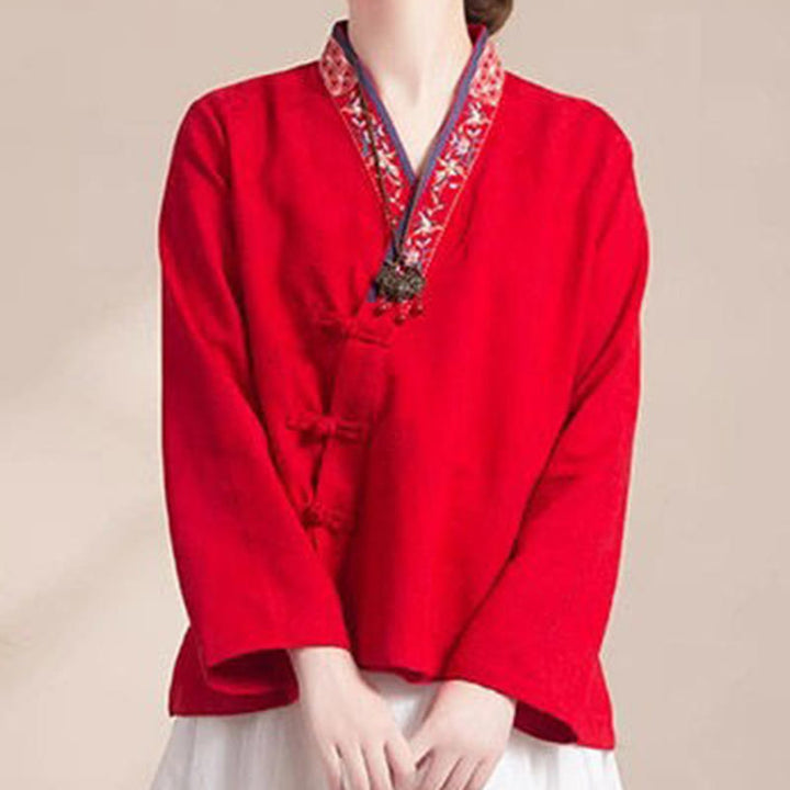 Buddha Stones刺繍の花と草のカエルボタンの長袖コットンレディースシャツ - image 18