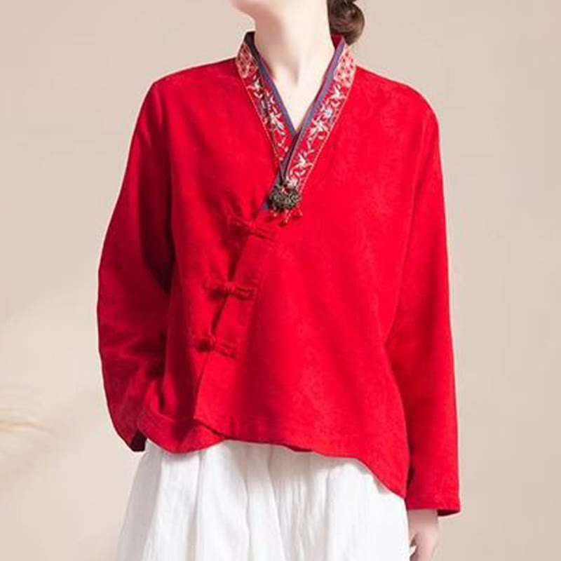 Buddha Stones刺繍の花と草のカエルボタンの長袖コットンレディースシャツ - 赤 - US8-10、 UK/AU12-14、EU40-42 (3XL) - image 17