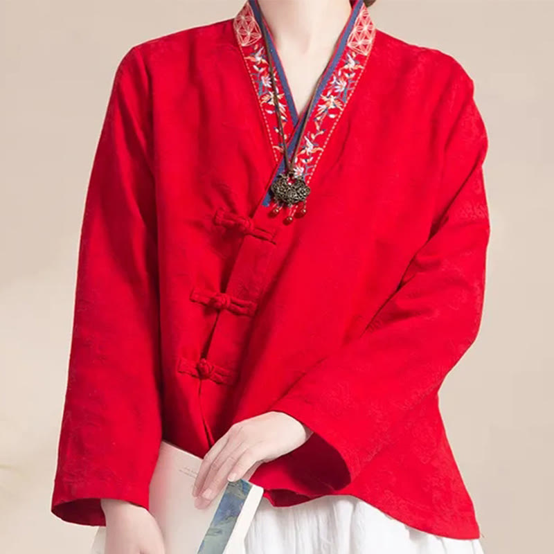 Buddha Stones刺繍の花と草のカエルボタンの長袖コットンレディースシャツ - image 19