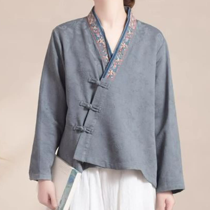 Buddha Stones刺繍の花と草のカエルボタンの長袖コットンレディースシャツ - image 22