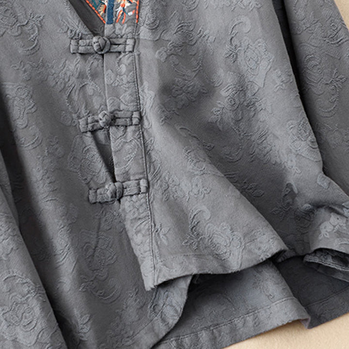 Buddha Stones刺繍の花と草のカエルボタンの長袖コットンレディースシャツ - image 23