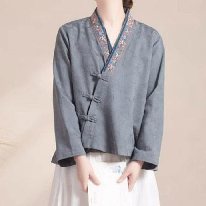 Buddha Stones刺繍の花と草のカエルボタンの長袖コットンレディースシャツ - image 21