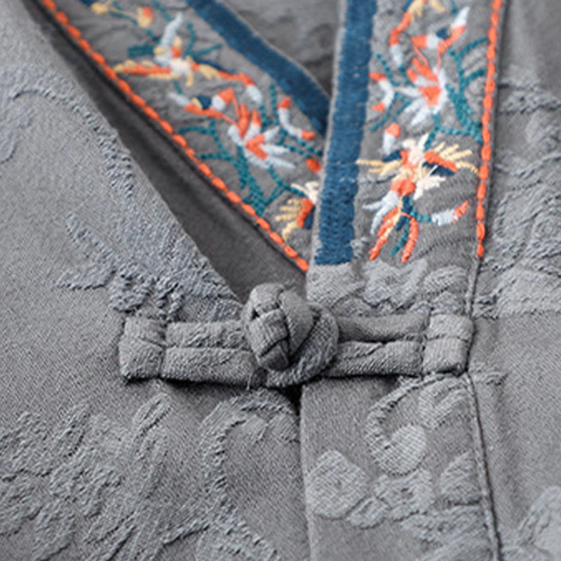 Buddha Stones刺繍の花と草のカエルボタンの長袖コットンレディースシャツ - image 24