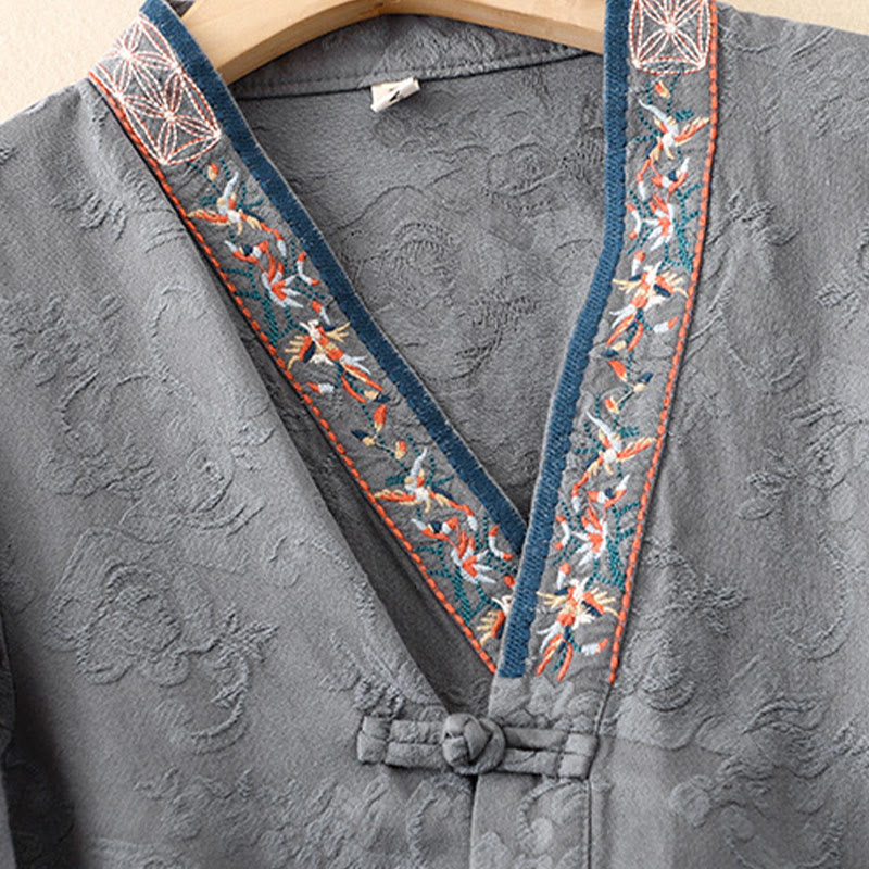 Buddha Stones刺繍の花と草のカエルボタンの長袖コットンレディースシャツ - image 27
