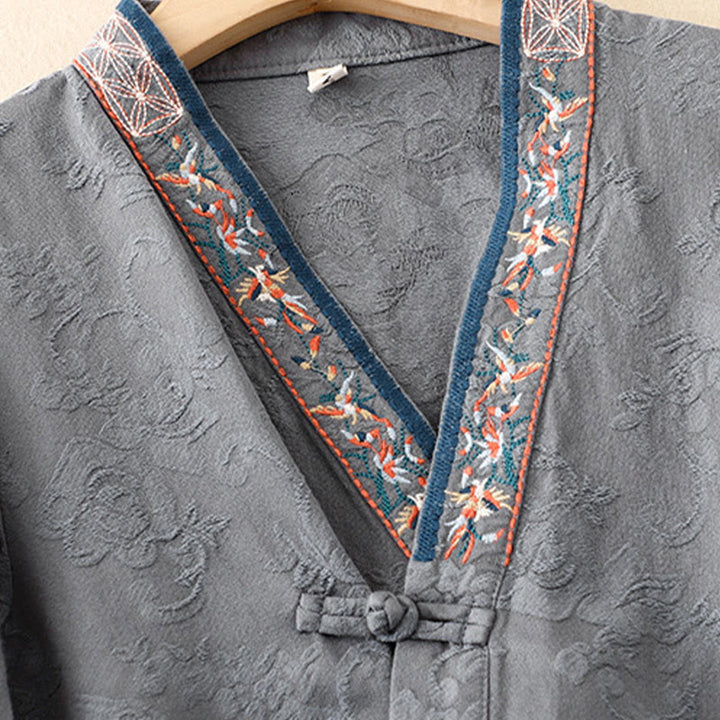 Buddha Stones刺繍の花と草のカエルボタンの長袖コットンレディースシャツ - image 27