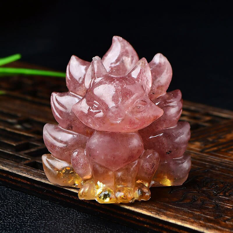 Buddha Stones天然石各種 クリスタル ストロベリークォーツ アメジスト 九尾の狐 守護 家の装飾 - ストロベリークォーツ 5.5×4.5×5.5cm - image 0