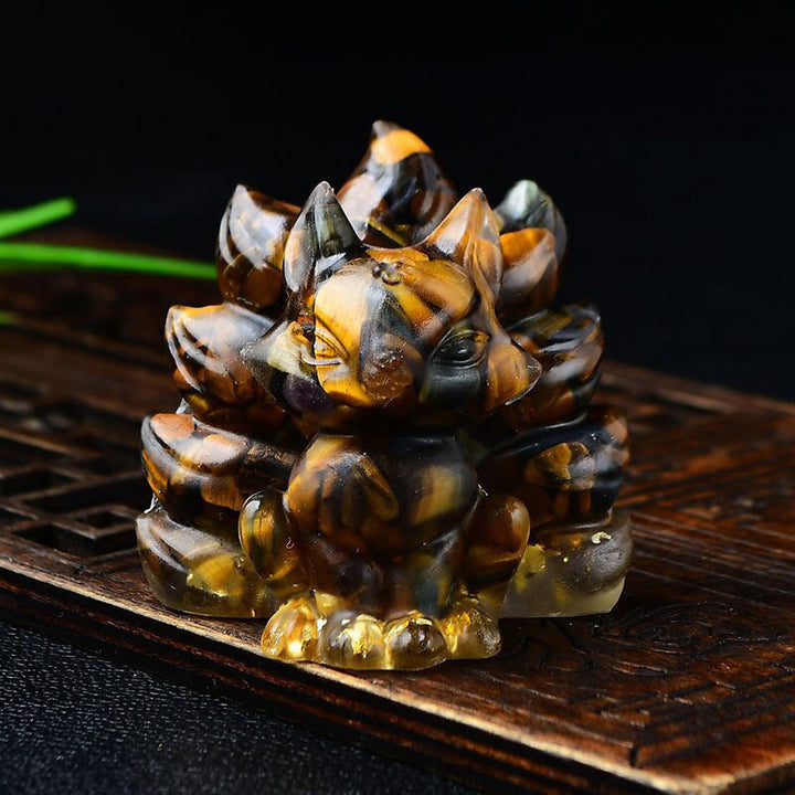 Buddha Stones天然石各種 クリスタル ストロベリークォーツ アメジスト 九尾の狐 守護 家の装飾 - タイガーアイ 5.5×4.5×5.5cm - image 20