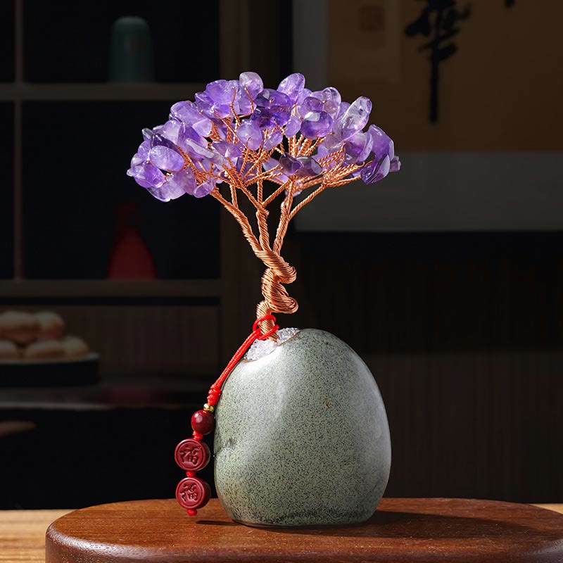 Buddha Stonesシトリン アメジスト グリーン アベンチュリン クリスタルツリー セラミックベース 繁栄 家の装飾