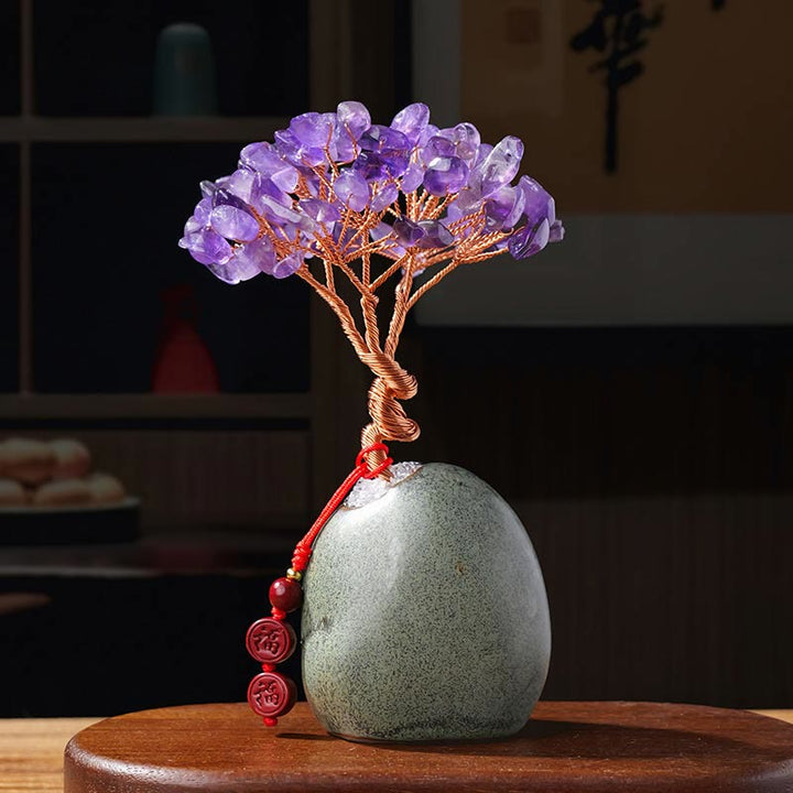 Buddha Stonesシトリン アメジスト グリーン アベンチュリン クリスタルツリー セラミックベース 繁栄 家の装飾