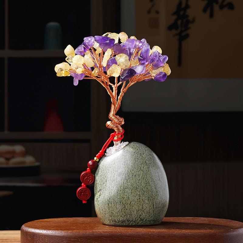 Buddha Stonesシトリン アメジスト グリーン アベンチュリン クリスタルツリー セラミックベース 繁栄 家の装飾