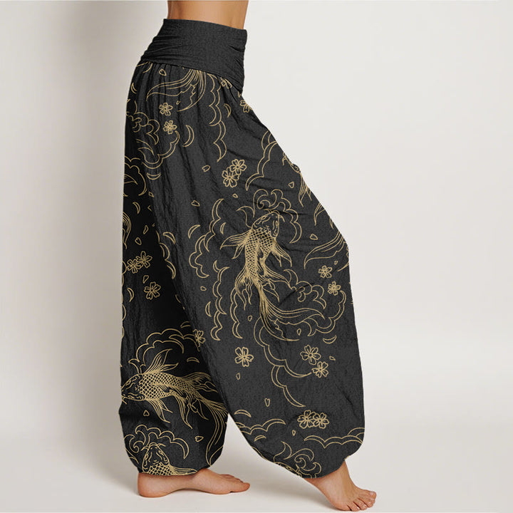 Buddha Stonesコットン カジュアル鯉波 花びら ライン柄 レディース 伸縮性ウエスト ハーレムパンツ - image 1