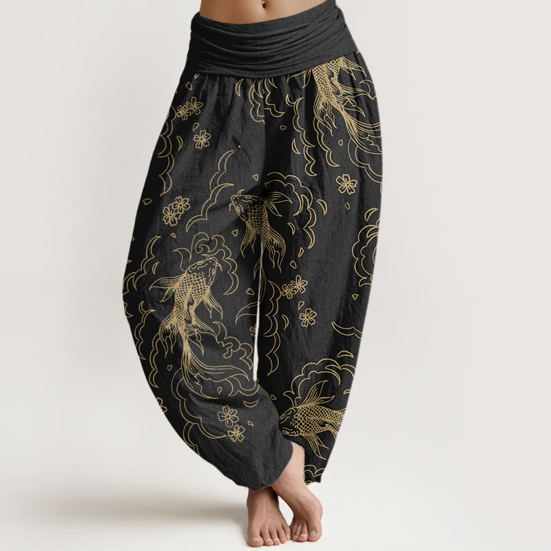 Buddha Stonesコットン カジュアル鯉波 花びら ライン柄 レディース 伸縮性ウエスト ハーレムパンツ - 黒 - US22、 UK/AU26、 EU54 (6XL) - image 0