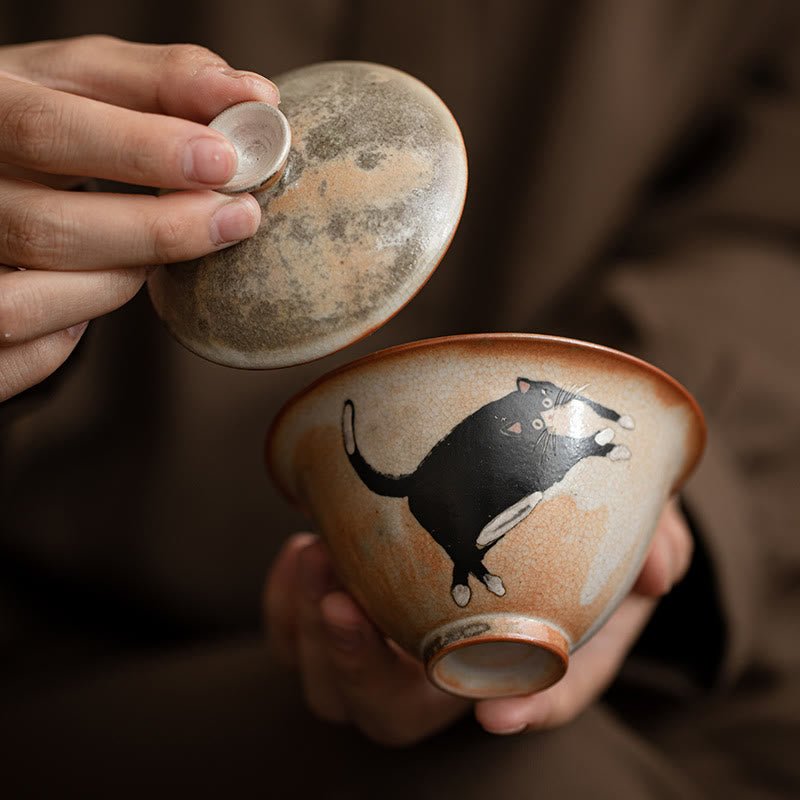 Buddha Stonesかわいい猫セラミック蓋碗ティーカップカンフーティーカップ蓋付き130ml - image 2