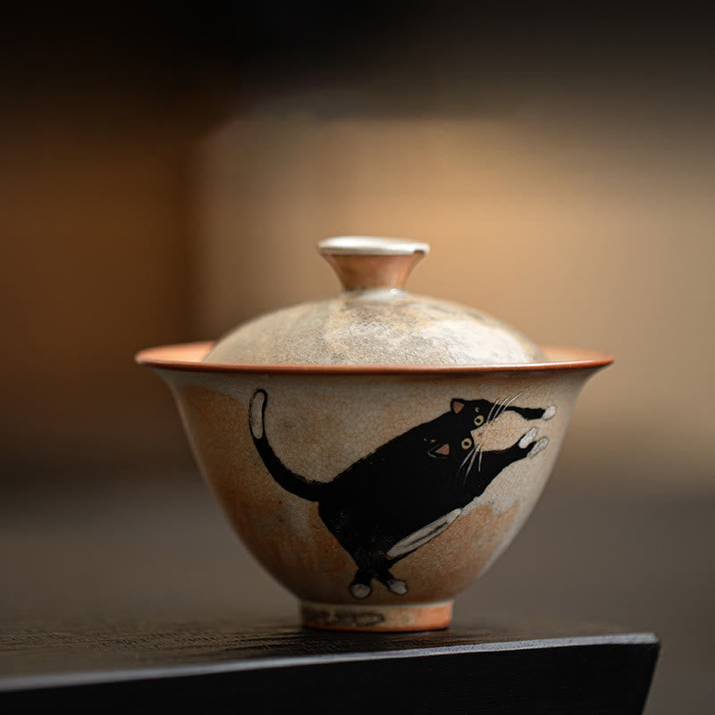 Buddha Stonesかわいい猫セラミック蓋碗ティーカップカンフーティーカップ蓋付き130ml - キャットカップ 9.5cm×7.6cm×130ml - image 1