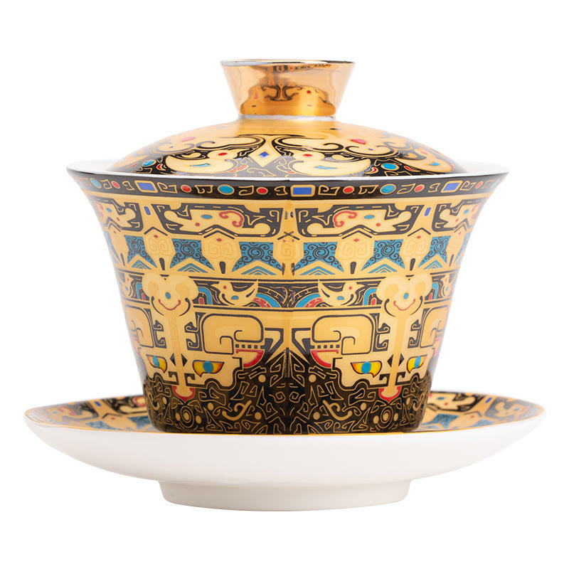 Buddha Stonesタンカ龍仏陀敦煌陶器蓋湾三彩カンフーティーカップ＆ソーサー蓋付きギフトボックス180ml