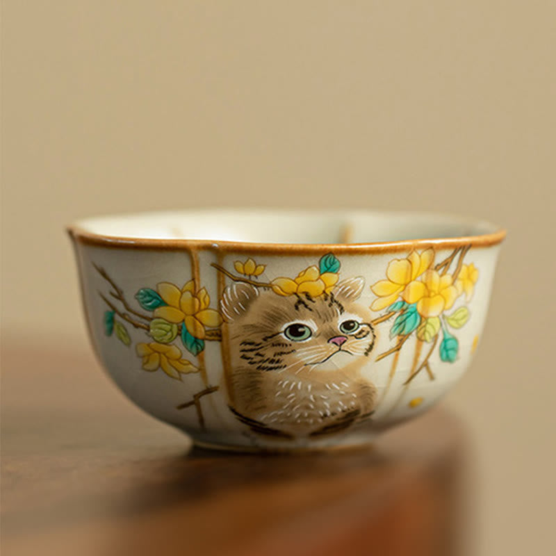 Buddha Stones、かわいい猫、黄色い花、ウサギのティーカップ、カンフーティーカップ - 猫 7cm×3.3cm×50ml - image 16