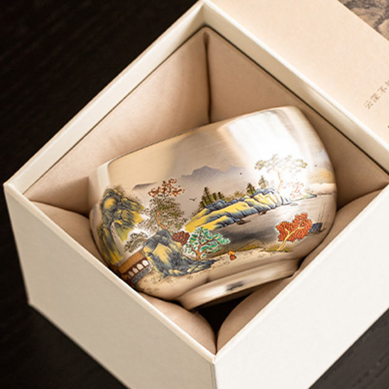 Buddha Stones、魚、蓮、海藻、谷山、松の木、龍のティーカップ、カンフーティーカップ、ギフトボックス付き