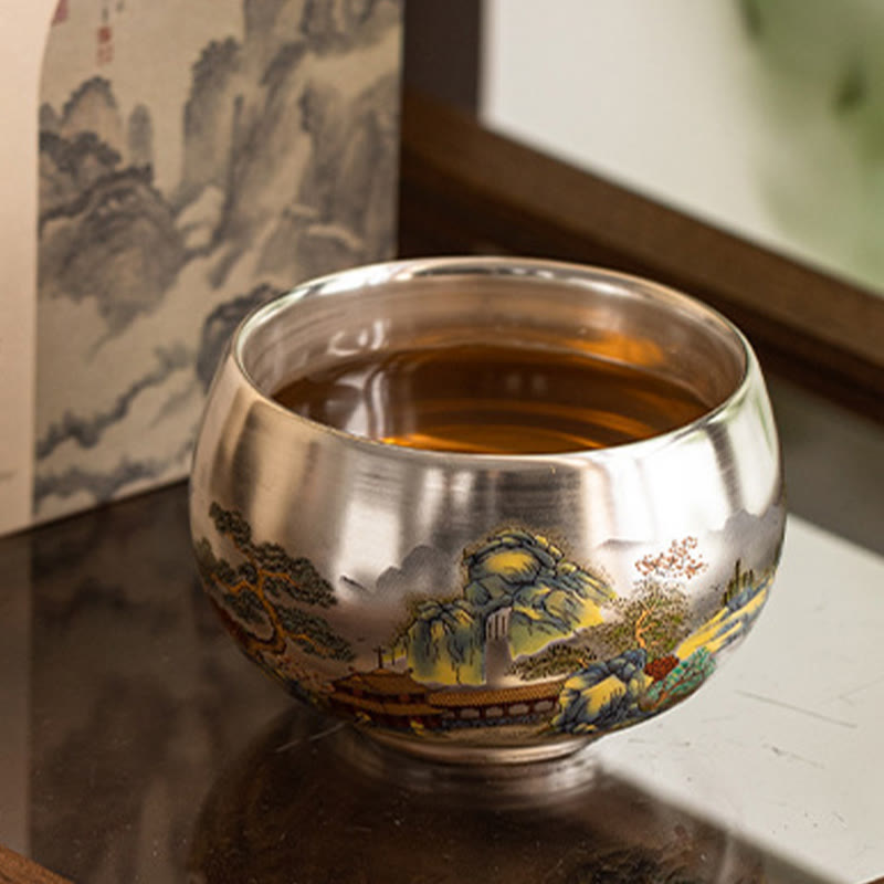 Buddha Stones、魚、蓮、海藻、谷山、松の木、龍のティーカップ、カンフーティーカップ、ギフトボックス付き