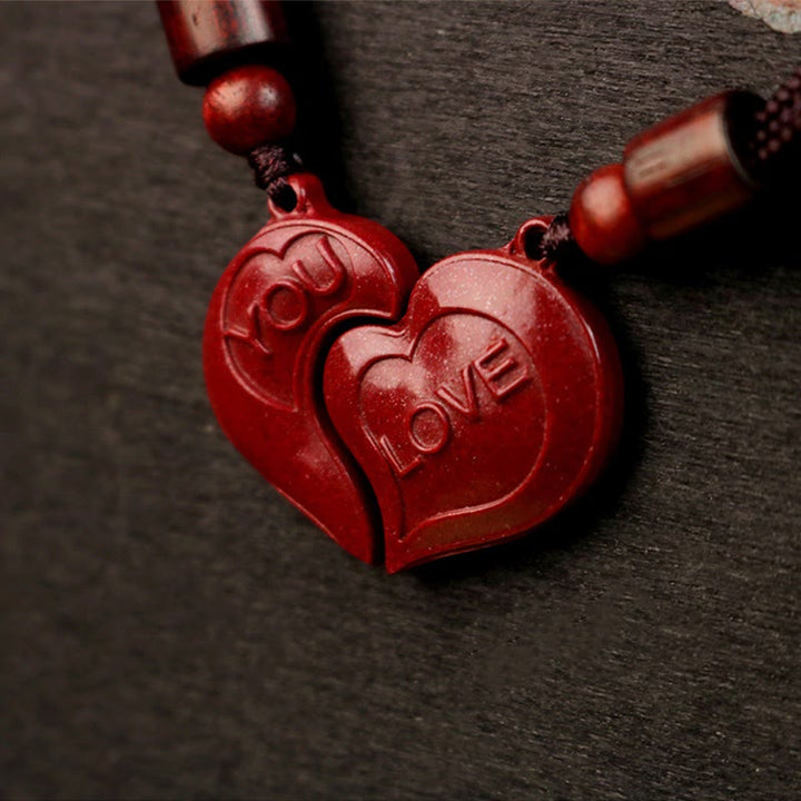 Buddha Stones2個 LOVE YOU 天然辰砂 ラブハート ストリング 祝福 カップルネックレス ペンダント