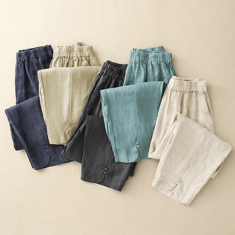 Buddha Stones夏 無地 サイドボタンデザイン コットンリネン レディース ハーレムパンツ ポケット付き - image 23