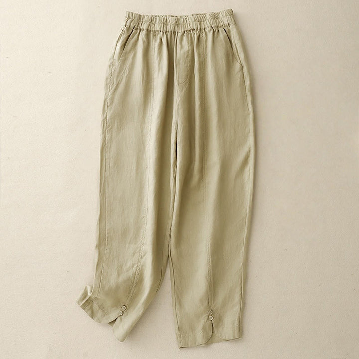 Buddha Stones夏 無地 サイドボタンデザイン コットンリネン レディース ハーレムパンツ ポケット付き - ペールゴールデンロッド - US8-10，UK/AU12-14，EU40-42 (2XL) - image 0