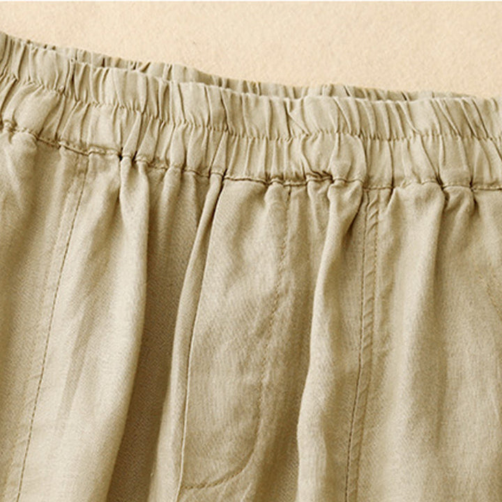 Buddha Stones夏 無地 サイドボタンデザイン コットンリネン レディース ハーレムパンツ ポケット付き - image 1