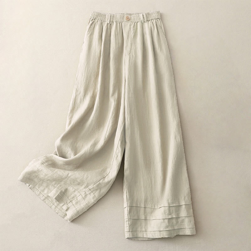 Buddha Stonesヴィンテージ 無地 プリーツカフスデザイン コットンリネン レディース ワイドレッグパンツ ポケット付き - リネン - US8-10，UK/AU12-14，EU40-42 (2XL) - image 0