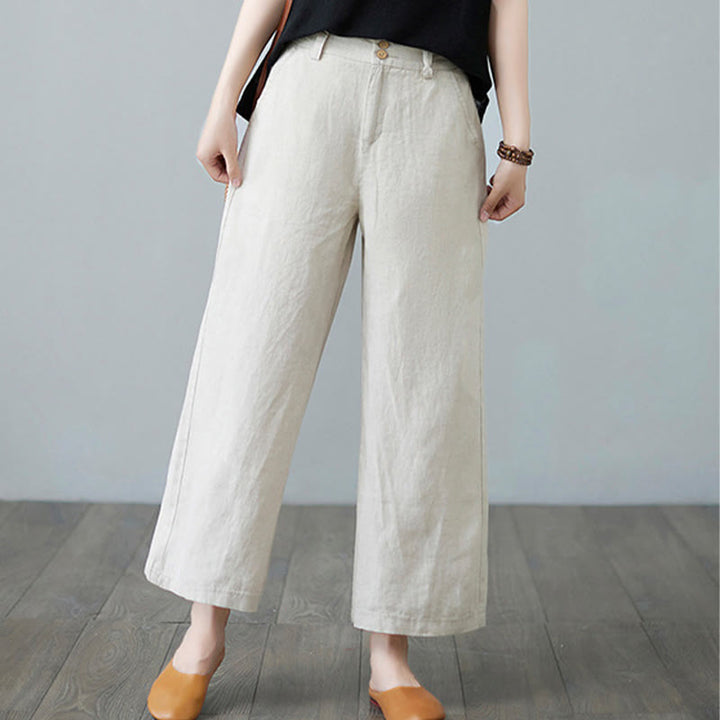 Buddha Stonesデイリー 無地 パッチワーク シンプルデザイン コットンリネン レディース パンツ ポケット付き - image 1