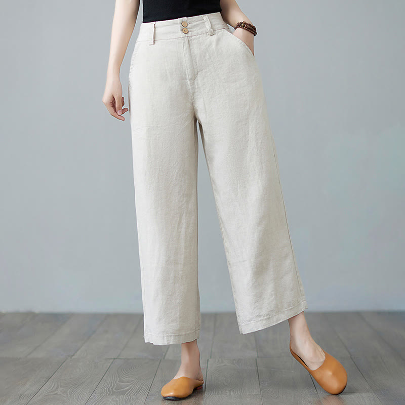 Buddha Stonesデイリー 無地 パッチワーク シンプルデザイン コットンリネン レディース パンツ ポケット付き - ベージュ - US8-10，UK/AU12-14，EU40-42 (2XL) - image 0