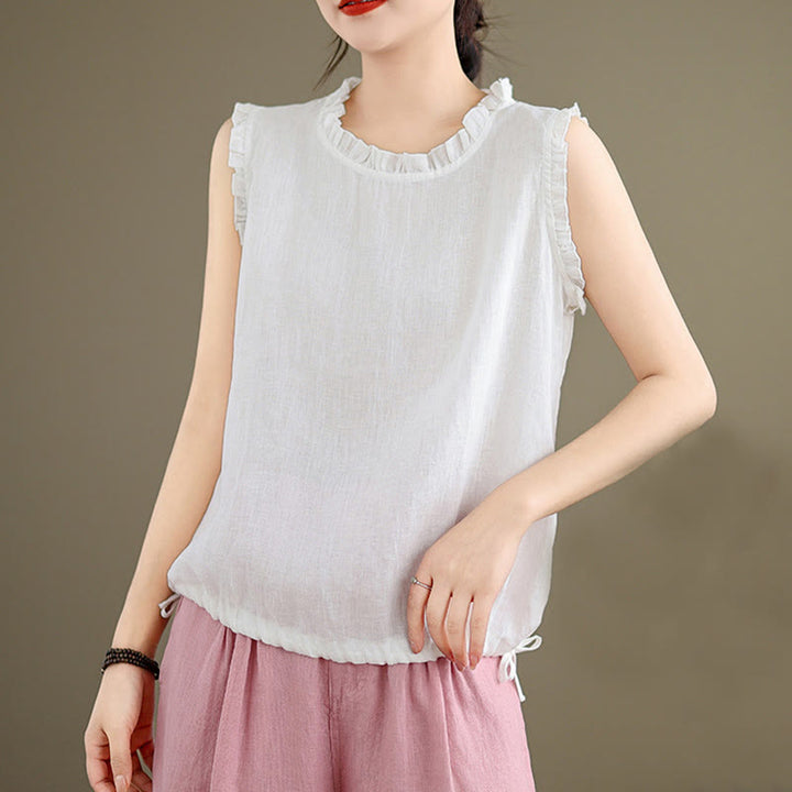 Buddha Stonesサマーフリルデザイン ドローストリング クルーネック コットンリネン レディース ノースリーブベスト - image 24