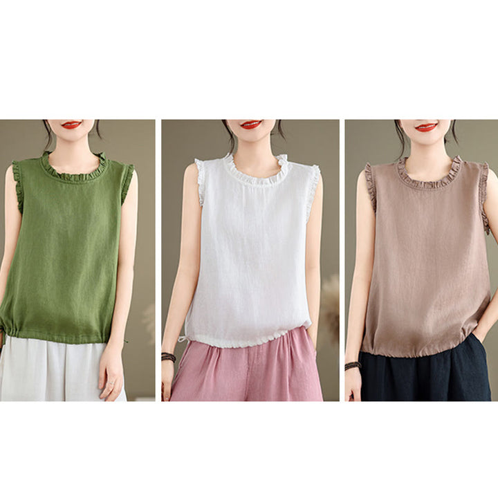 Buddha Stonesサマーフリルデザイン ドローストリング クルーネック コットンリネン レディース ノースリーブベスト - image 28