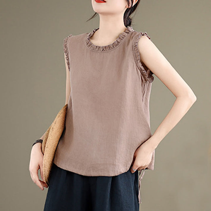 Buddha Stonesサマーフリルデザイン ドローストリング クルーネック コットンリネン レディース ノースリーブベスト - image 15