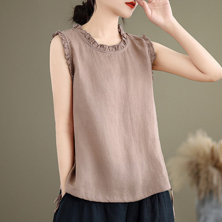 Buddha Stonesサマーフリルデザイン ドローストリング クルーネック コットンリネン レディース ノースリーブベスト - image 17