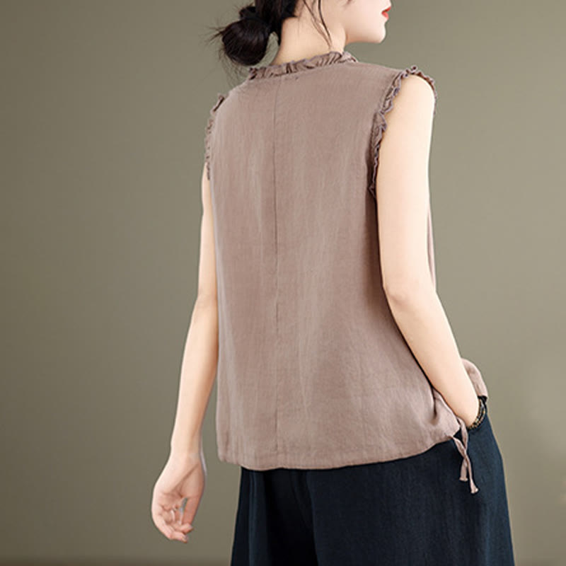 Buddha Stonesサマーフリルデザイン ドローストリング クルーネック コットンリネン レディース ノースリーブベスト - image 16