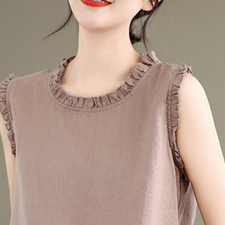 Buddha Stonesサマーフリルデザイン ドローストリング クルーネック コットンリネン レディース ノースリーブベスト - image 18