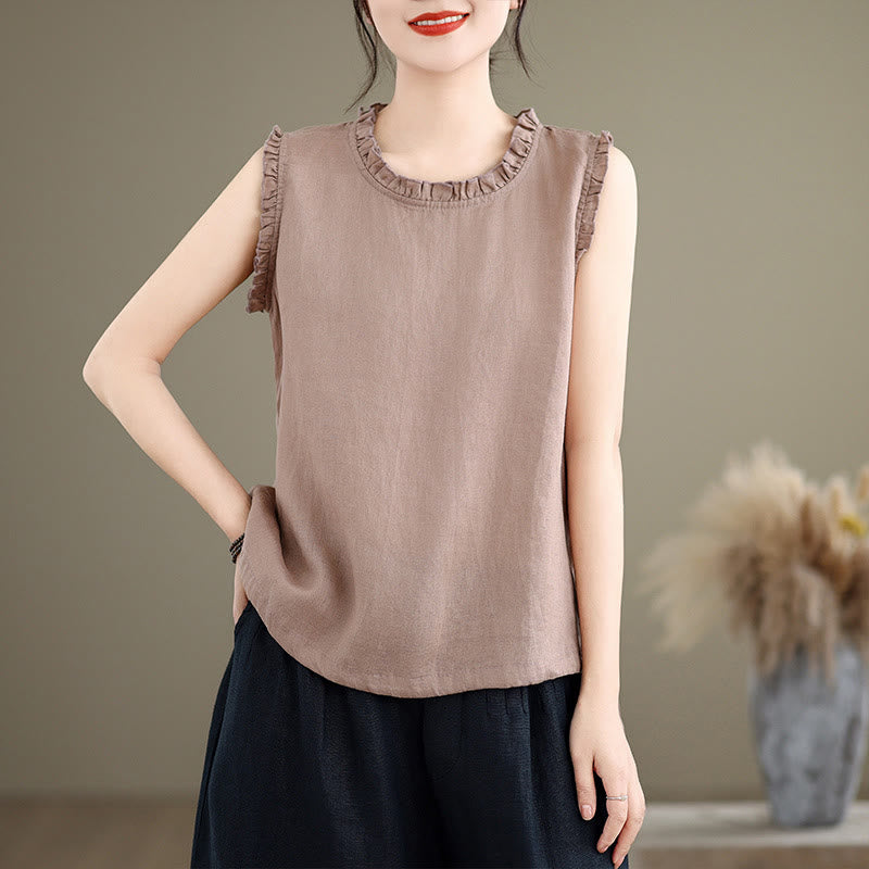 Buddha Stonesサマーフリルデザイン ドローストリング クルーネック コットンリネン レディース ノースリーブベスト - アザミ - US8-10，UK/AU12-14，EU40-42 (2XL) - image 14