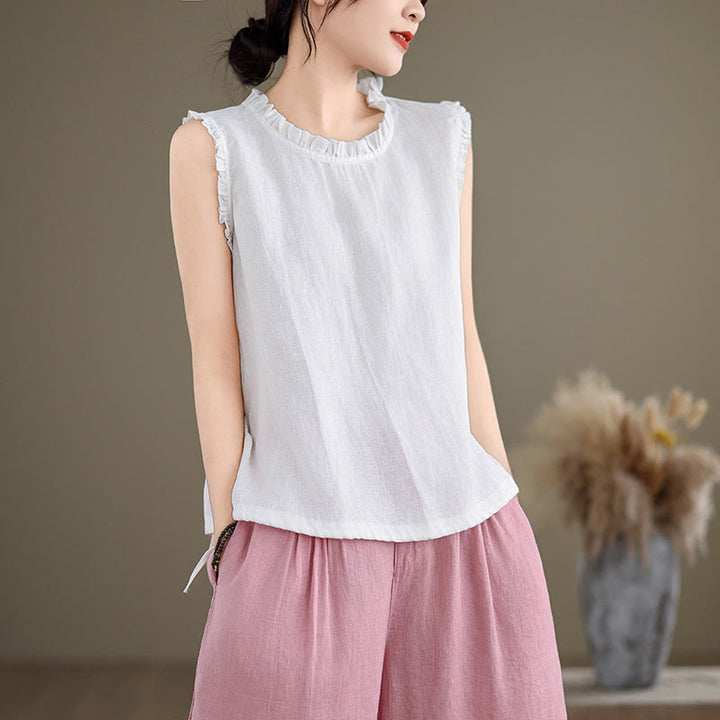 Buddha Stonesサマーフリルデザイン ドローストリング クルーネック コットンリネン レディース ノースリーブベスト - 白 - US8-10，UK/AU12-14，EU40-42 (2XL) - image 20