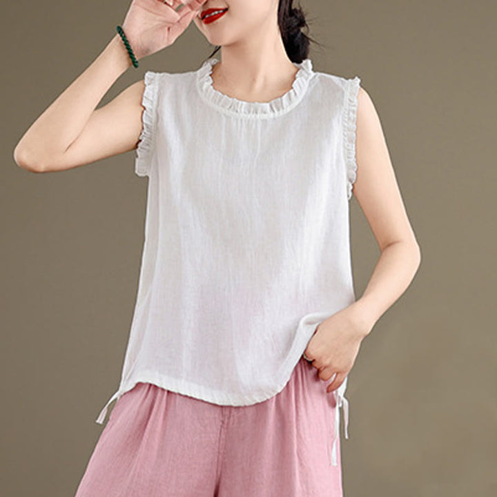 Buddha Stonesサマーフリルデザイン ドローストリング クルーネック コットンリネン レディース ノースリーブベスト - image 23