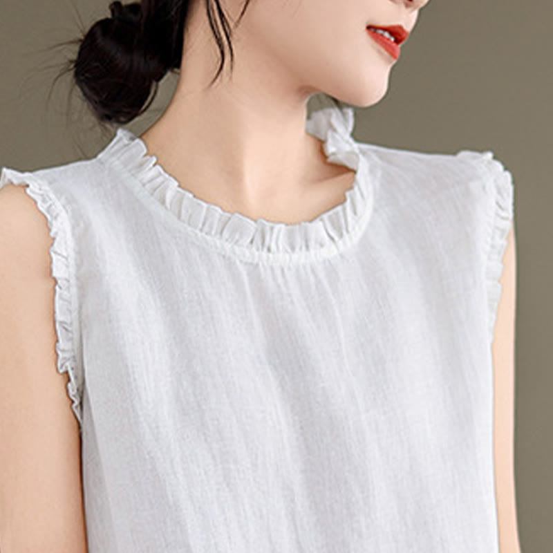 Buddha Stonesサマーフリルデザイン ドローストリング クルーネック コットンリネン レディース ノースリーブベスト - image 27