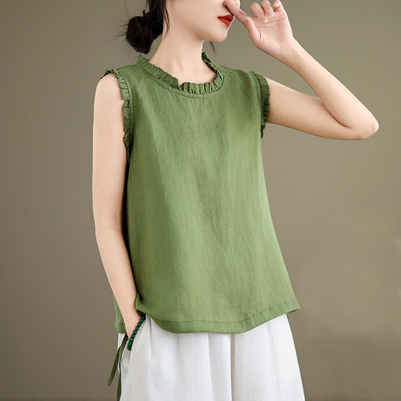 Buddha Stonesサマーフリルデザイン ドローストリング クルーネック コットンリネン レディース ノースリーブベスト - image 4