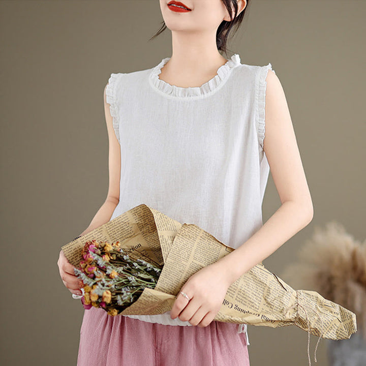 Buddha Stonesサマーフリルデザイン ドローストリング クルーネック コットンリネン レディース ノースリーブベスト - image 25