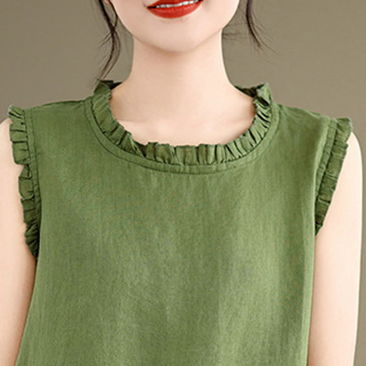 Buddha Stonesサマーフリルデザイン ドローストリング クルーネック コットンリネン レディース ノースリーブベスト - image 6