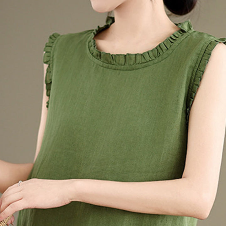 Buddha Stonesサマーフリルデザイン ドローストリング クルーネック コットンリネン レディース ノースリーブベスト - image 5