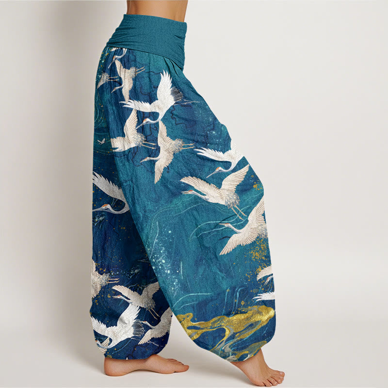 Buddha Stonesコットン 飛翔白鶴 吉兆雲デザイン レディース ウエストゴム ハーレムパンツ - image 6