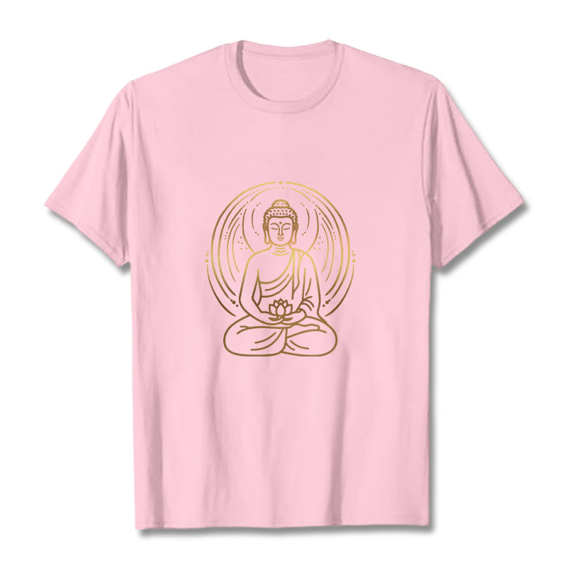 Buddha Stones、黄金の瞑想仏陀の光背、蓮の花を持つTシャツ - ライトピンク - 2XL - image 13