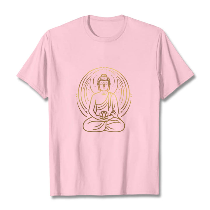 Buddha Stones、黄金の瞑想仏陀の光背、蓮の花を持つTシャツ - ライトピンク - 2XL - image 13